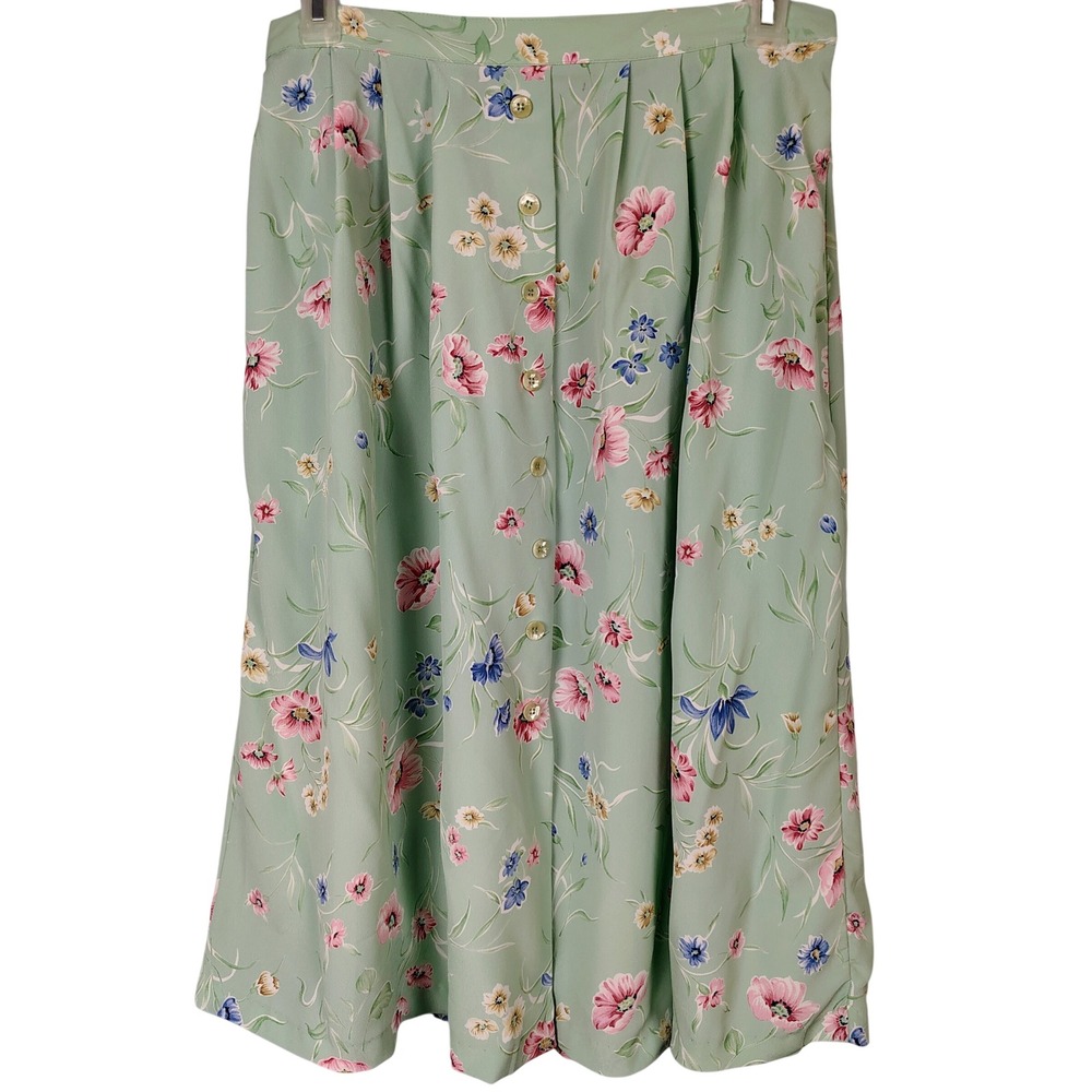 Alfred Dunner Floral Button Front Midi Skirt Sage Green Pink 14 Vintage Style